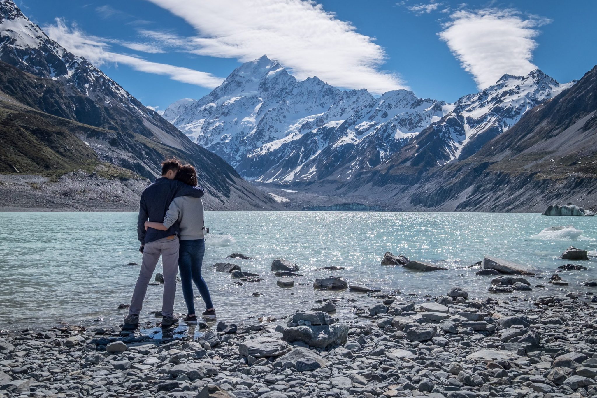 Couple visits Mount Cook, Canterbury, New Zealand